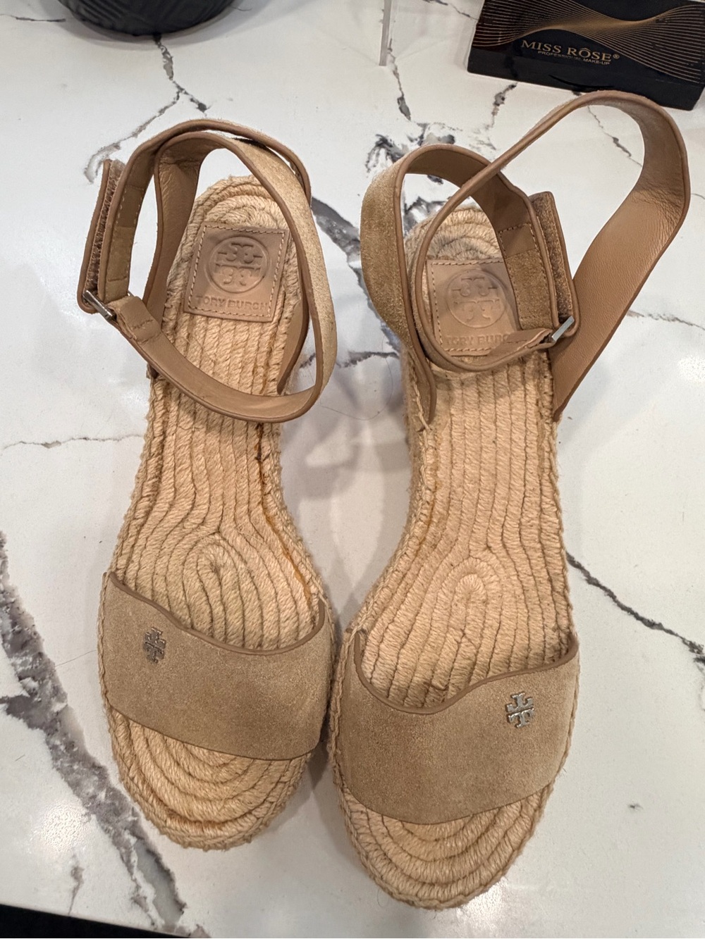 Tory Burch Beige Suede Espadrille Wedge Sandals with Ankle Strap
